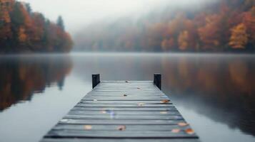 Calm autumn lake view with a wooden dock under clear blue skies photo