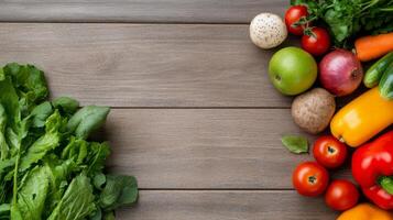 Fresh vegetables arranged on a wooden table with a variety of colors and textures photo
