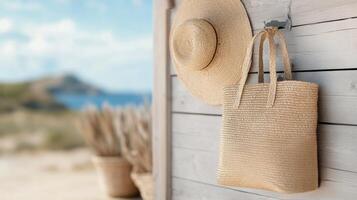 Stylish straw bag and hat hanging near a rustic blue door with dried flowers in a vase photo