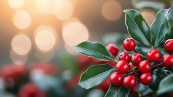 Frosted red berries and evergreen branches with soft glowing lights during winter photo
