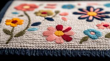 Colorful floral embroidery on fabric with intricate designs and patterns photo
