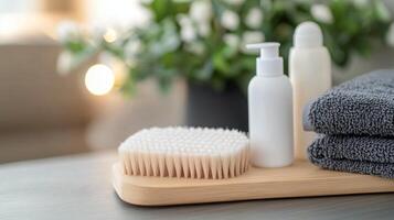 Spa essentials including brush, lotion, and towels on a wooden tray near plants in soft lighting photo