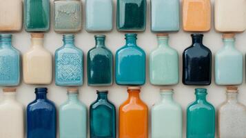 Array of colorful glass bottles arranged in a grid on a neutral background photo