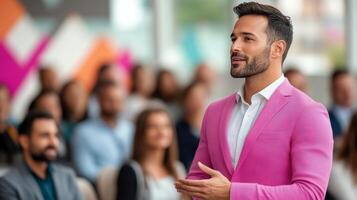Speaker in pink blazer presents to engaged audience at indoor event photo