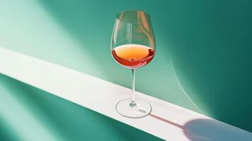 Elegant wine glass with rose-colored beverage set against a teal background photo