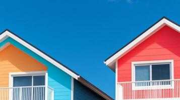 Colorful beach house with turquoise and pink accents near the ocean under a clear sky photo