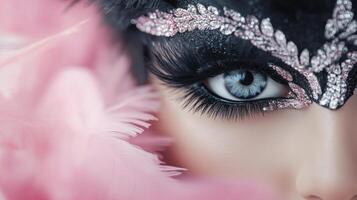 Enchanting winter makeup with intricate mask and striking blue eyes photo