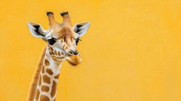 Giraffe stands against a vibrant yellow background in a wildlife exhibit photo
