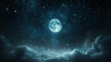 Full moon glowing over clouds with a starry night sky photo