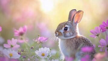 A young girl poses beside a rabbit in a field of pink flowers during springtime photo