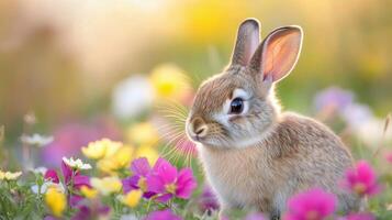A young girl poses beside a rabbit in a field of pink flowers during springtime photo