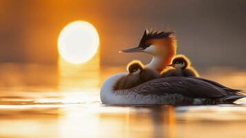 A mother bird and her chicks swim at sunset on a tranquil lake photo