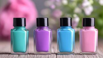 Colorful nail polish bottles lined up on a wooden table with blurred floral background photo
