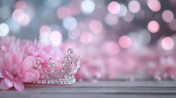 Sparkling pink crown adorned with hearts on a wooden surface with a bokeh background photo