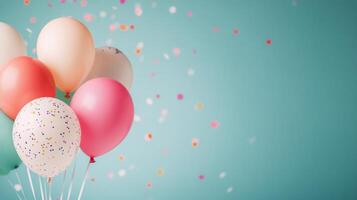 Colorful balloons and confetti scattered on a blue background for a festive celebration photo