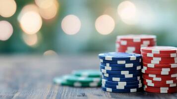 Stacks of colorful poker chips on a wooden table with blurred background lights photo
