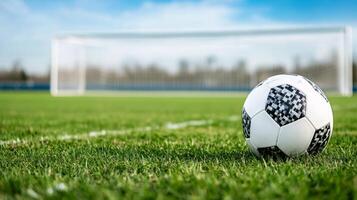 A soccer goal stands in a grassy field with mountains under a blue sky photo