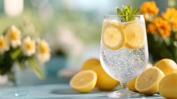 Sparkling water with fresh lemons and vibrant flowers on a sunny day photo