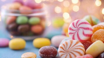 Colorful assortment of sugary candies on a dark surface with small bowls in the background photo