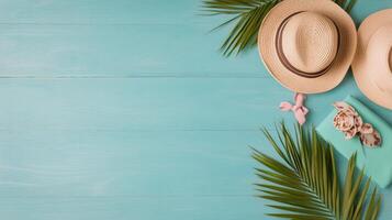 Colorful summer hats arranged on a turquoise wooden background with tropical leaves photo