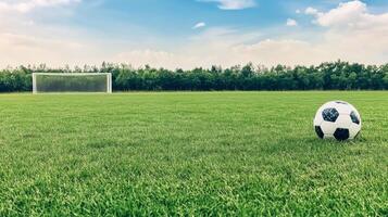 A soccer goal stands in a grassy field with mountains under a blue sky photo