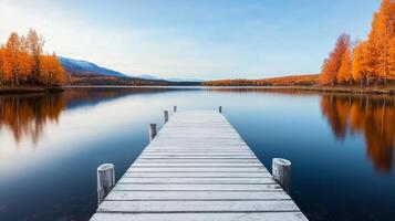 Calm autumn lake view with a wooden dock under clear blue skies photo
