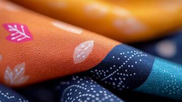 Close-up of colorful patterned fabrics showcasing nature-inspired designs photo