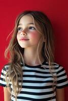 Young girl in striped shirt standing against a bright red wall, smiling warmly photo