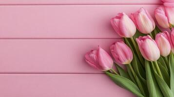 Pink tulips arranged elegantly against a soft pink brick wall photo