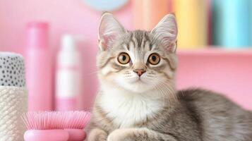 Kitten relaxing beside a pink grooming brush in a cozy indoor setting photo