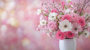 Beautiful floral arrangement in a soft pink palette at a sunny outdoor event photo