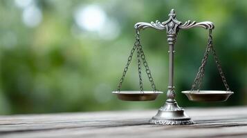 Scales of justice on a wooden table against a turquoise background photo