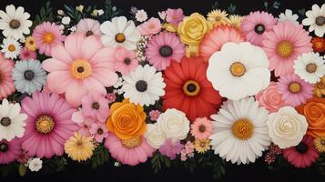 Colorful floral arrangement with various blooms on a dark background photo
