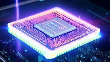 AI glowing microchip colorful computer chip processor computation power machine learning silicon hi-tech powerful imagination creativity tech technological computing progress development video
