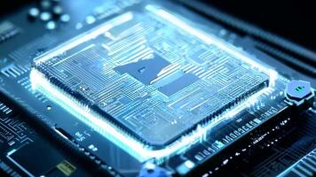 AI glowing microchip colorful computer chip processor computation power machine learning silicon hi-tech powerful imagination creativity tech technological computing progress development video
