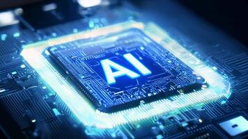 AI glowing microchip colorful computer chip processor computation power machine learning silicon hi-tech powerful imagination creativity tech technological computing progress development video