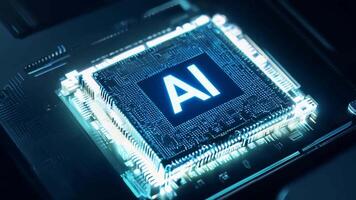AI glowing microchip colorful computer chip processor computation power machine learning silicon hi-tech powerful imagination creativity tech technological computing progress development video