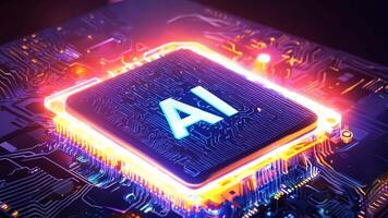 AI glowing microchip colorful computer chip processor computation power machine learning silicon hi-tech powerful imagination creativity tech technological computing progress development video