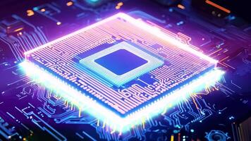 AI glowing microchip colorful computer chip processor computation power machine learning silicon hi-tech powerful imagination creativity tech technological computing progress development video
