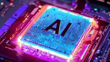 AI glowing microchip colorful computer chip processor computation power machine learning silicon hi-tech powerful imagination creativity tech technological computing progress development video