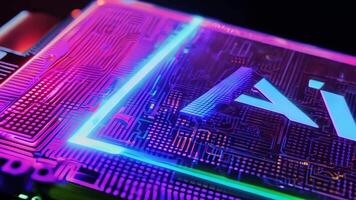 AI glowing microchip colorful computer chip processor computation power machine learning silicon hi-tech powerful imagination creativity tech technological computing progress development video
