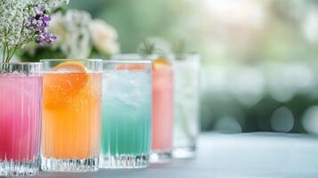 Colorful summer drinks arranged on a table at a garden party photo