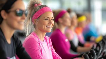 Women cycling indoors during a fitness class at a gym in the morning photo
