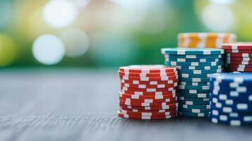 Stacks of colorful poker chips on a wooden table with blurred background lights photo