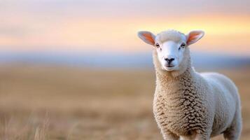 Sheep grazing in a lush field under a clear sky during golden hour photo