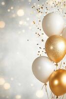 Gold and white balloons with confetti against a blurred background for a festive celebration photo