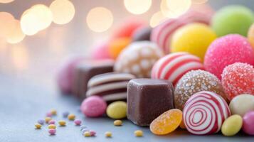 Colorful assortment of sugary candies on a dark surface with small bowls in the background photo