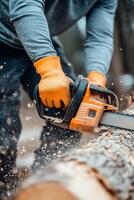 Person cutting wood with a chainsaw in a forest during the daytime photo