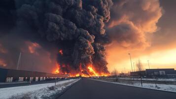 Massive fire engulfs industrial area at sunset, creating dark smoke and flames photo