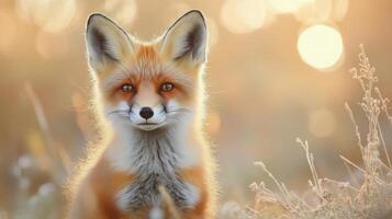A red fox standing amidst wildflowers in a soft, golden light during early evening photo